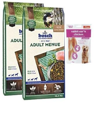 2x15kg Bosch Adult Menue Hundefutter + 80g Fleischsnacks