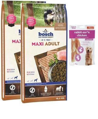 2x15kg Bosch Adult Maxi Hundefutter + 80g Fleischsnacks