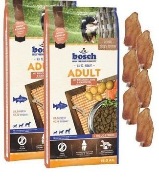 2x15kg Bosch Adult Lachs & Kartoffel Hundefutter + 6 x Kaninchenohren