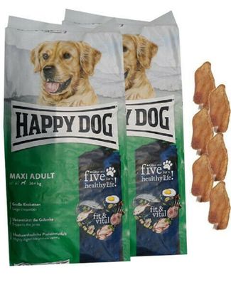 2x14kg Happy Dog Adult Maxi Hundefutter + 6 x Kaninchenohren