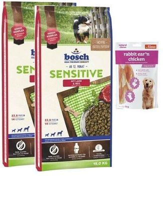 2x15kg Bosch Adult Sensitive Lamm & Reis + 80g Fleischsnacks
