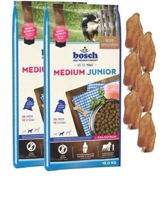 2x15kg Bosch Junior Medium Hundefutter + 6 x Kaninchenohren