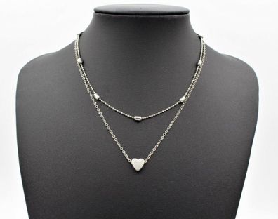 Halskette Kette Damen Farbe Silber Multilayer Zweireihig mit Herz Anhänger Edel