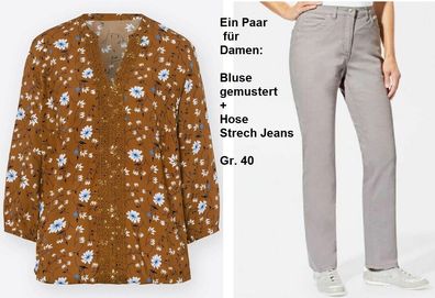 Ein Paar für Damen: Bluse gemustert + Hose Strech Jeans, Gr. 40. NEU ungetragen unbe
