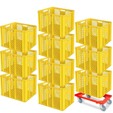 10 Euroboxen, 600x400x410 mm, lebensmittelecht, gelb + GRATIS Transportroller