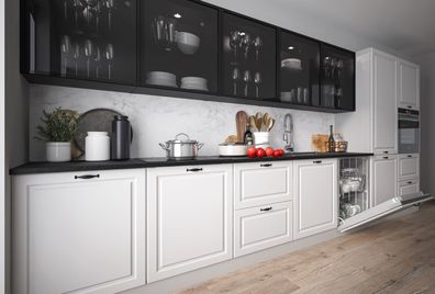 Küchenzeile "Elbing" Einbauküche 420cm Vollauszug Soft-Close grau / weiß - schwarz