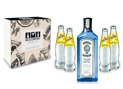 Gin Tonic Giftbox Geschenkset - Bombay Sapphire 0,7l 700ml (40% Vol) + 4x Schwe