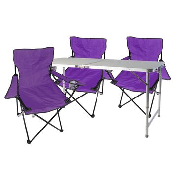 4tlg. Campingmöbel Set lila Tisch mit Tragegriff höhenverstellbar Stühle Tasche