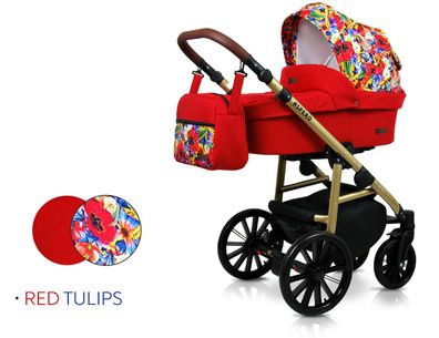 Polbaby Kinderwagen Aspero 3in1- Set Wanne Buggy Autositz Red Tulips