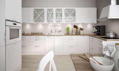 L-Form Küchenzeile "Tivoli" Küchenblock 350x330cm weiß Front signalweiß semi matt