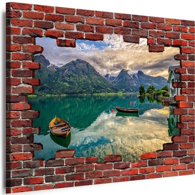 Bilder Mauerloch Natur See Boot Berge 3D illusion Wandbilder Leinwand XL