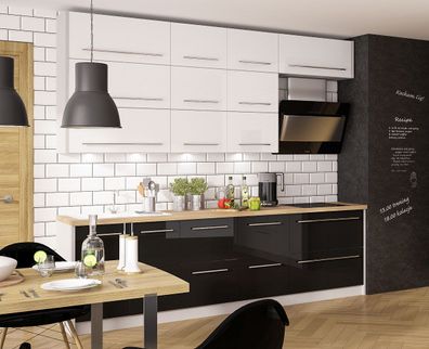 Küchenzeile "Platinum" Einbauküche 280cm Vollauszug weiß / Front MDF schwarz-weiß