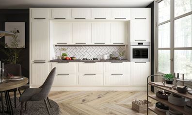 Küchenzeile "Livorno" Einbauküche 360cm weiß Fronten hellelfenbein matt lackiert