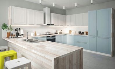 U-Form Küchenzeile "Rimini" Einbauküche 220x363x295cm weiß reinweiß pastellblau matt