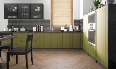 L-Form Küchenzeile "Rimini" Einbauküche 340x180cm lava Fronten farngrün matt lackiert