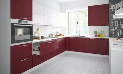 Küchenzeile L-Form Küchenblock "Rimini" 325x223cm grau signalweiß - purpurrot