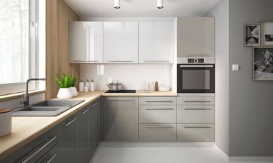 L-Form Küchenzeile "Brerra" Einbauküche 245x240cm grau Front verkehrsweiß seidengrau