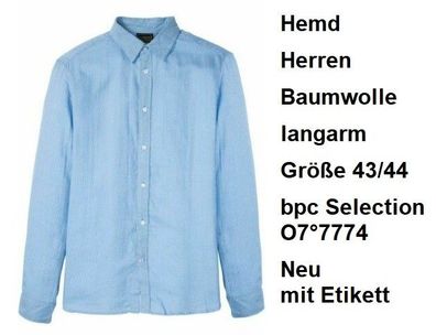 Hemd Herren Baumwolle langarm Größe 43/44 bpc Selection O7°7774. Neu mit Etikett.