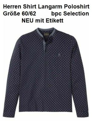 Herren Shirt Langarm Poloshirt Größe 60/62 bpc Selection O8°1227. NEU mit Etikett.
