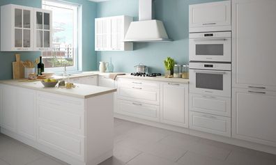 U-Form Küchenzeile "Pescara" Küchenblock 335x233x170cm weiß Front verkehrsweiß matt l