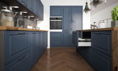 U-Form Küchenzeile "Pescara" Küchenblock 260x160x180cm grau Front stahlblau matt