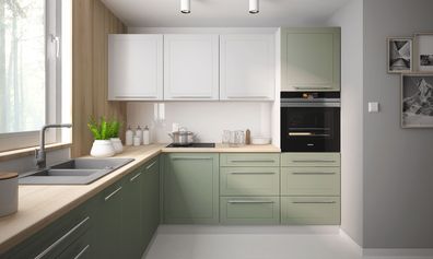 L-Form Küchenzeile "Bari" Einbauküche 245x240cm grau signalweiß blassgrün matt