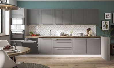 Küchenzeile "Kvantum" Küchenblock 380cm grau Front graphit