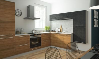 L-Form Küchenzeile "Malmo" Küchenblock 290x220cm grau Front permbroke - ares black