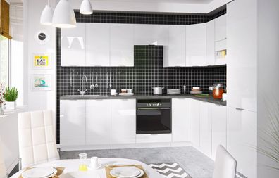L-Form Küchenzeile "Essen Trend" Küchenblock 270x230cm weiß Front weiß Acryl