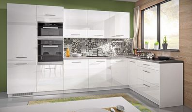 L-Form Küchenzeile "Essen Trend" 330x163cm Einbauküche perlweiß Front weiß Acryl
