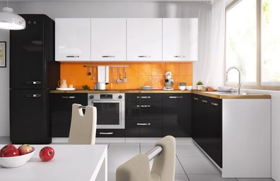 L-Form Küchenzeile "Essen Trend" Küchenblock 303x180cm weiß Front weiß - schwarz