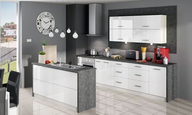 L-Form Küchenzeile "Platinum" Einbauküche 305x160cm grau Fronten MDF weiß Hochglanz