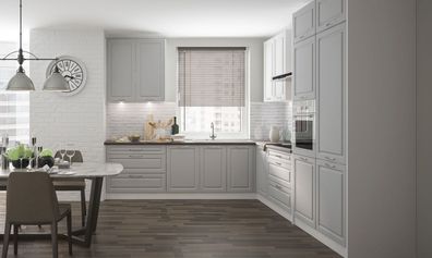 L-Form Küchenzeile "Elbing" Einbauküche 268x305cm grau Front weiß - light grey stone