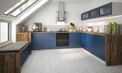 U-Form Küchenzeile "Napoli" Küchenblock 210x330x210cm grifflos weiß Front violettblau