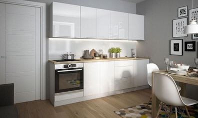Küchenzeile "Napoli" Küchenblock 260cm weiß Front verkehrsweiß Hochglanz