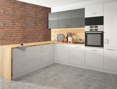 L-Form Küchenzeile "Essen Trend" Einbauküche 160x253cm weiß Front weiß-graphit Acryl