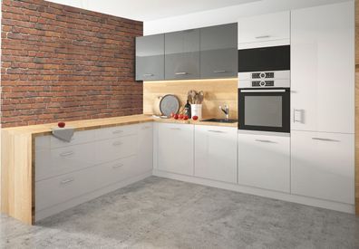 L-Form Küchenzeile "Essen Trend" Einbauküche 160x273cm weiß Front weiß-graphit Acryl