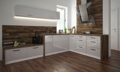 L-Form Küchenzeile "Essen" Einbauküche 290x210cm weiß Front weiß Acryl Hochglanz