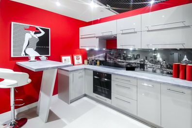 L-Form Küchenzeile "Platinum" Studioküche 105x290cm grau Fronten MDF weiß Hochglanz