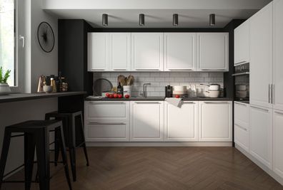 L-Form Küchenzeile "Amaro" Küchenblock 270x120cm grau Fronten reinweiß matt
