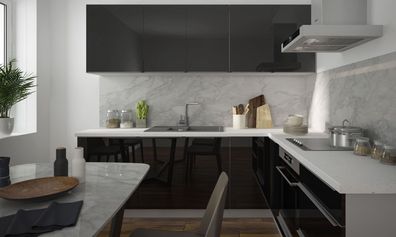 L-Form Küchenzeile "Essen" Einbauküche 230x210cm grau Front schwarz Acryl Hochglanz