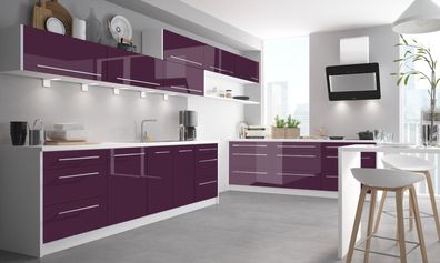Küchenzeile "Brerra" Einbauküche 490cm weiß Front purpurviolett Hochglanz