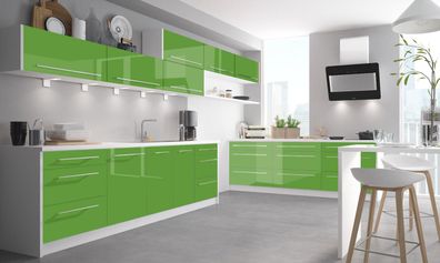 Küchenzeile "Brerra" Einbauküche 490cm weiß Front gelbgrün Hochglanz lackiert