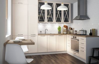 L-Form Küchenzeile "Tivoli" Küchenblock 270x200cm grau Front perlweiß semi matt