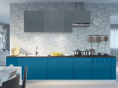 Küchenzeile "Florence" Küchenblock weiß Fronten blaugrau - capriblau Hochglanz