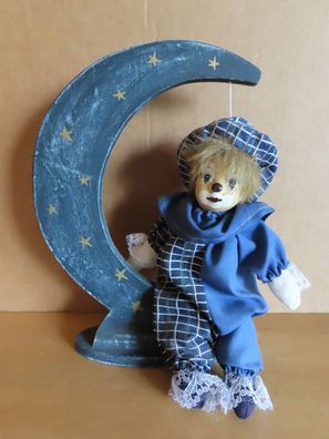Figur Clown Kopf Porzellan blaue Kleidung sitz auf dem Holz-Mond / ca. 24 cm hoch