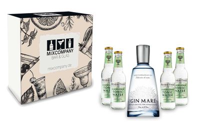 Gin Tonic Giftbox Geschenkset - Gin Mare 0,7l 700ml (42,7% Vol) + 4x Fever Tree