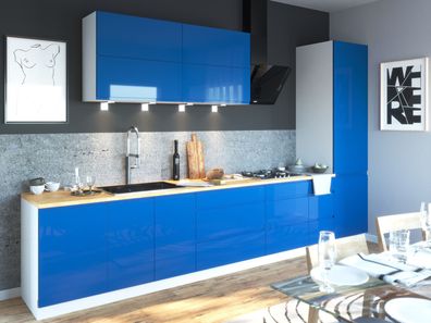Küchenzeile "Florence" Küchenblock 393cm weiß RAL 5005 signalblau Hochglanz