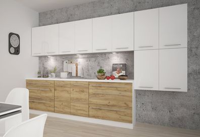 Küchenzeile "Platinum-Silver" Einbauküche 320cm weiß Fronten weiß - wildeiche