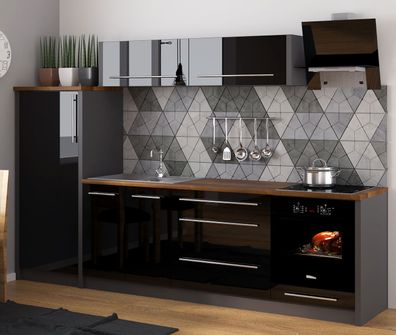 Küchenzeile "Platinum" Einbauküche 280cm lava Fronten MDF schwarz Hochglanz